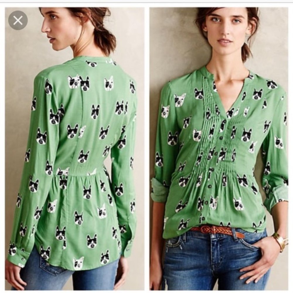 Anthropologie Green Puppy Print Pintuck Blouse